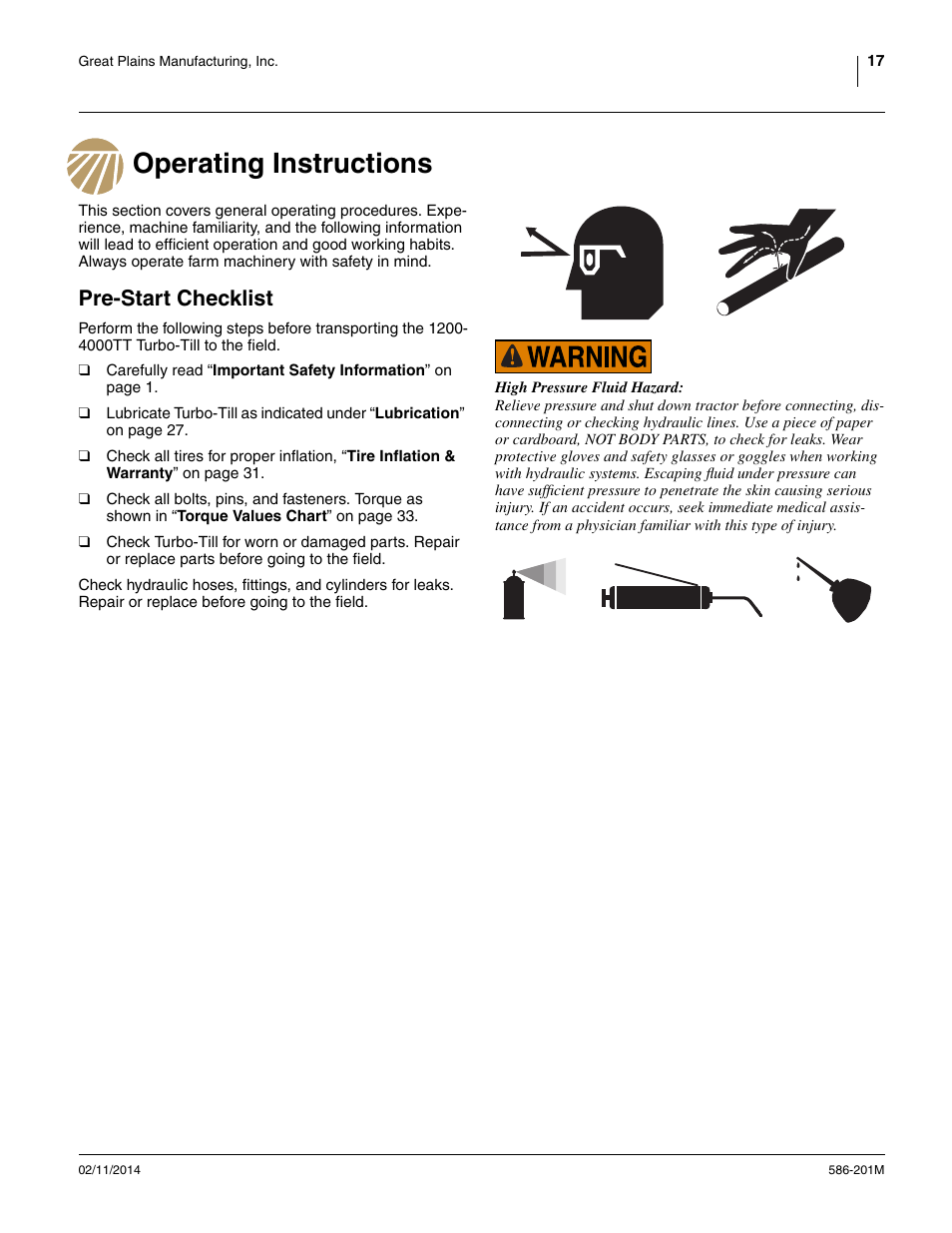 Operating instructions, Pre-start checklist, Operating instructions pre-start checklist | Great Plains 4000TT Operator Manual User Manual | Page 21 / 42