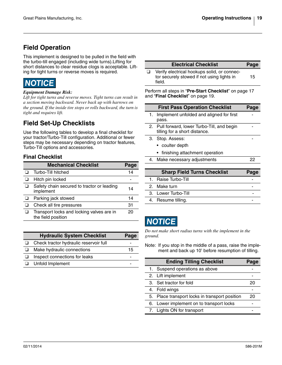 Field operation, Field set-up checklists, Final checklist | Field operation field set-up checklists | Great Plains 4000TT Operator Manual User Manual | Page 23 / 42