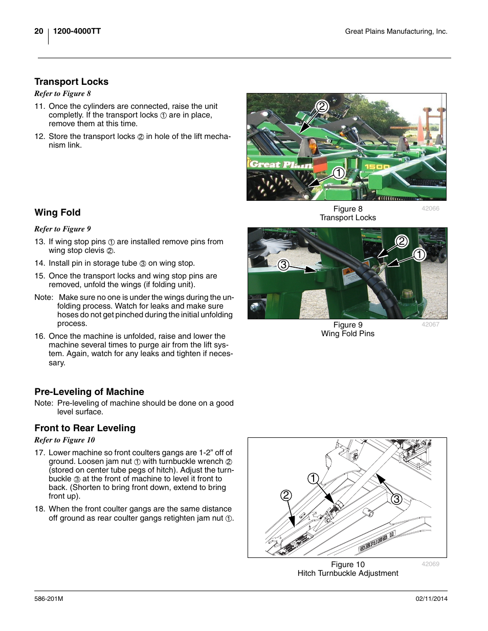 Transport locks, Wing fold, Pre-leveling of machine | Front to rear leveling | Great Plains 4000TT Operator Manual User Manual | Page 24 / 42