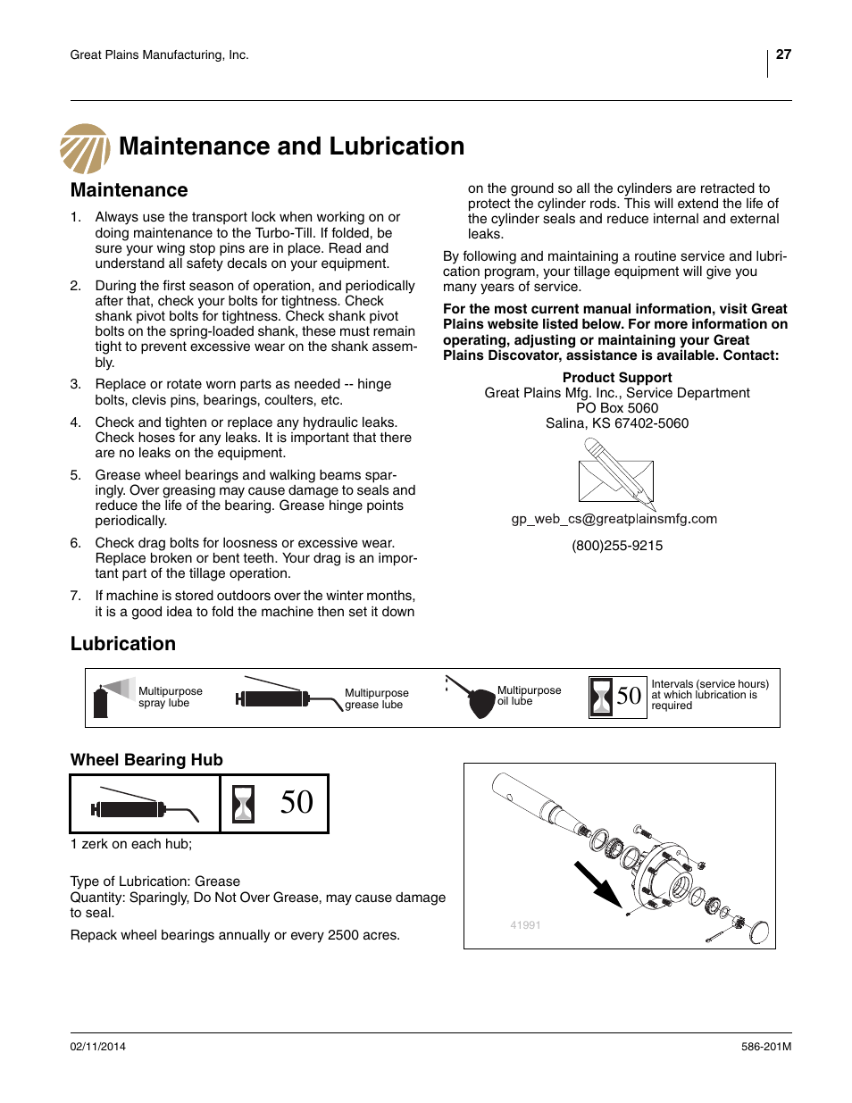 Maintenance and lubrication, Maintenance, Lubrication | Wheel bearing hub | Great Plains 4000TT Operator Manual User Manual | Page 31 / 42