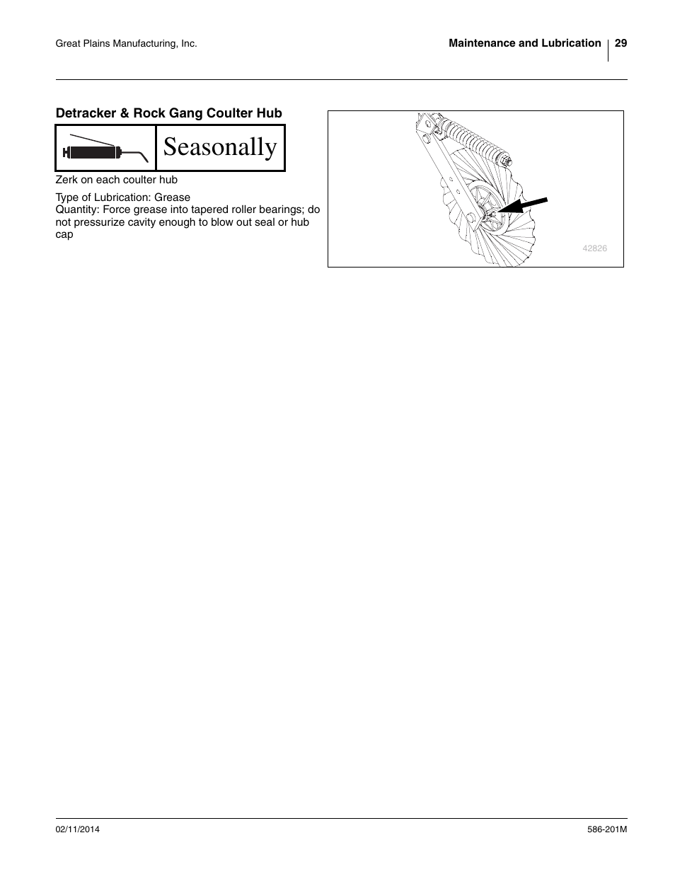 Detracker & rock gang coulter hub, Seasonally | Great Plains 4000TT Operator Manual User Manual | Page 33 / 42