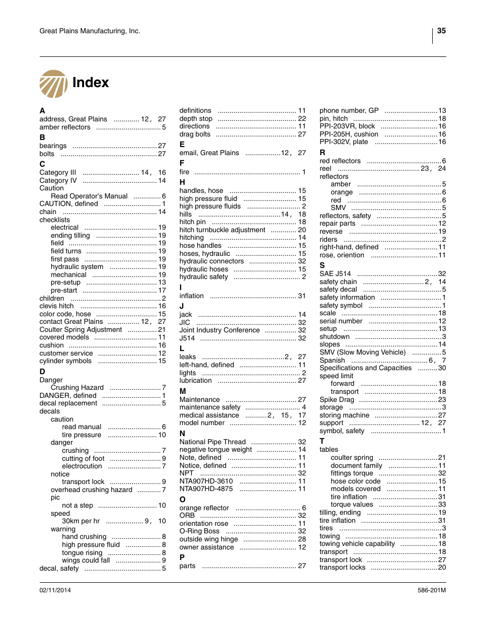 Index | Great Plains 4000TT Operator Manual User Manual | Page 39 / 42