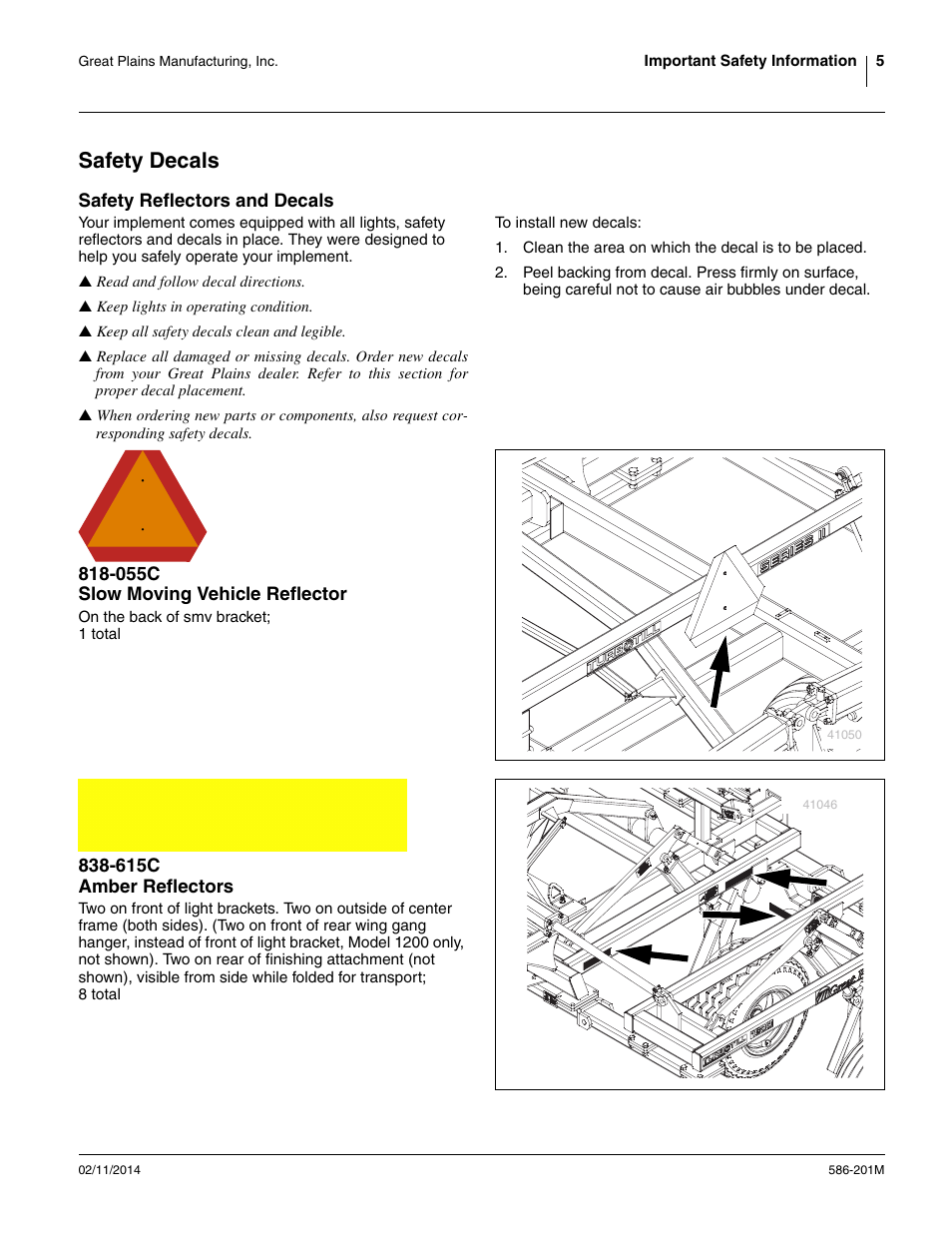 Safety decals, Safety reflectors and decals, 055c slow moving vehicle reflector | 615c amber reflectors | Great Plains 4000TT Operator Manual User Manual | Page 9 / 42