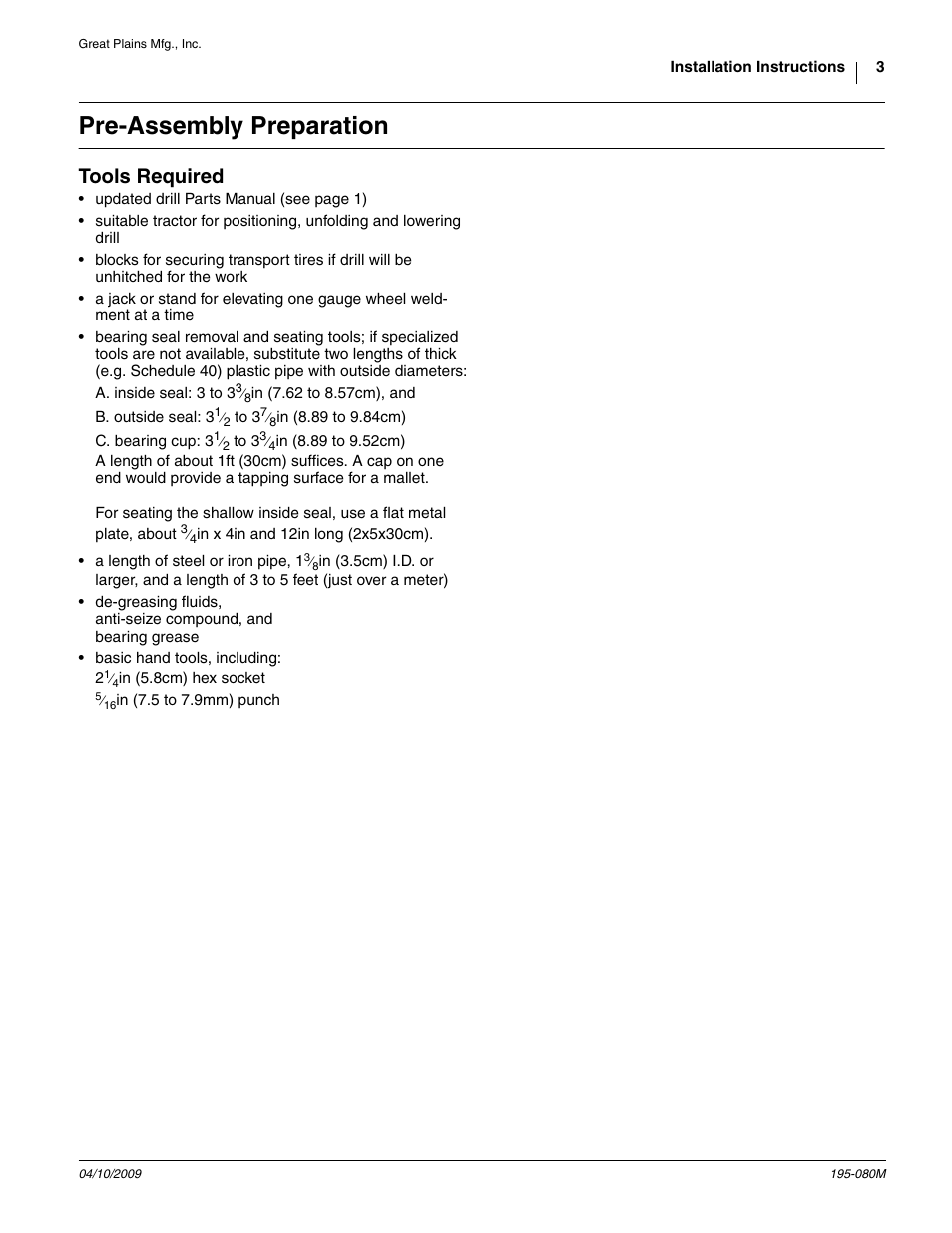 Pre-assembly preparation, Tools required | Great Plains Gauge Wheel-Spindle User Manual | Page 3 / 24