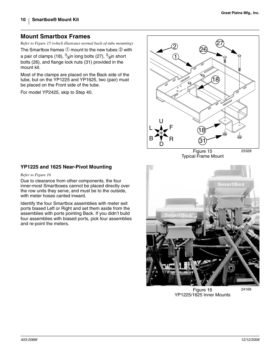 Mount smartbox frames, Yp1225 and 1625 near-pivot mounting | Great Plains Smartbox Mount Kit Yield Pro Planters User Manual | Page 10 / 18