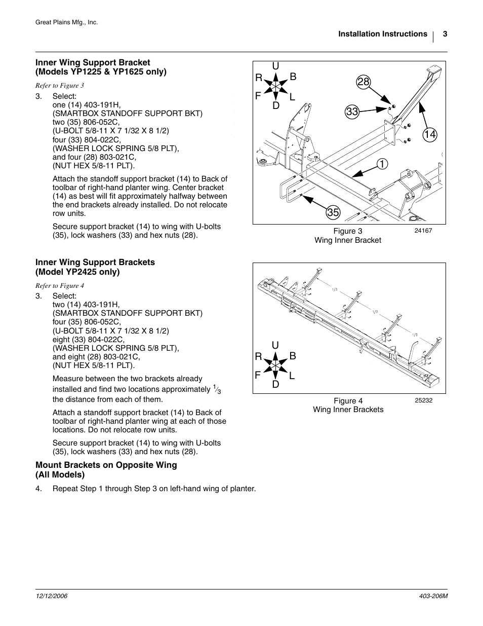 Inner wing support brackets (model yp2425 only), Mount brackets on opposite wing (all models) | Great Plains Smartbox Mount Kit Yield Pro Planters User Manual | Page 3 / 18