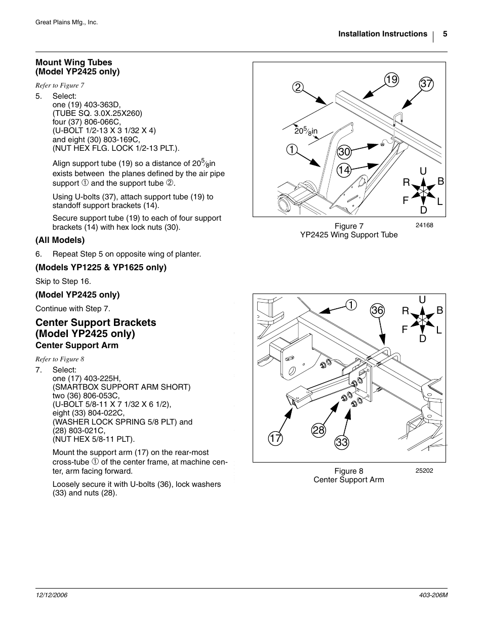 Mount wing tubes (model yp2425 only), All models), Models yp1225 & yp1625 only) | Model yp2425 only), Center support brackets (model yp2425 only), Center support arm | Great Plains Smartbox Mount Kit Yield Pro Planters User Manual | Page 5 / 18