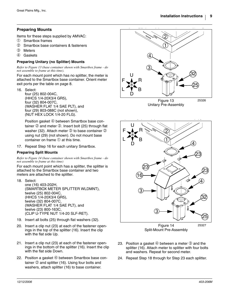 Preparing mounts, Preparing unitary (no splitter) mounts, Preparing split mounts | Skip to step 16 | Great Plains Smartbox Mount Kit Yield Pro Planters User Manual | Page 9 / 18