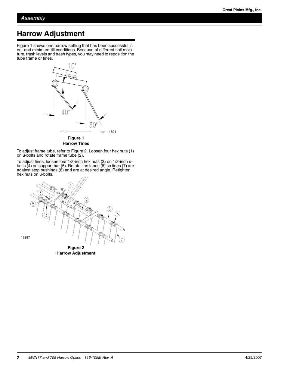 Harrow adjustment, Assembly | Great Plains 705 Assembly Instructions User Manual | Page 2 / 3