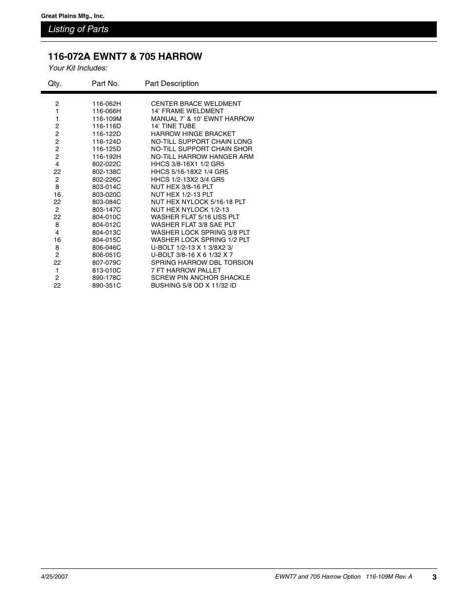 Listing of parts | Great Plains 705 Assembly Instructions User Manual | Page 3 / 3