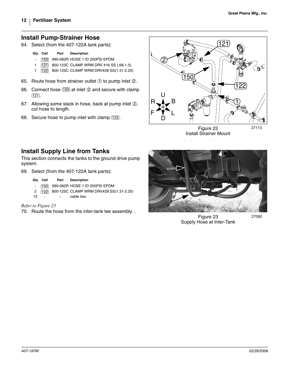 Install pump-strainer hose, Install supply line from tanks | Great Plains YP Fertilizer System User Manual | Page 12 / 38