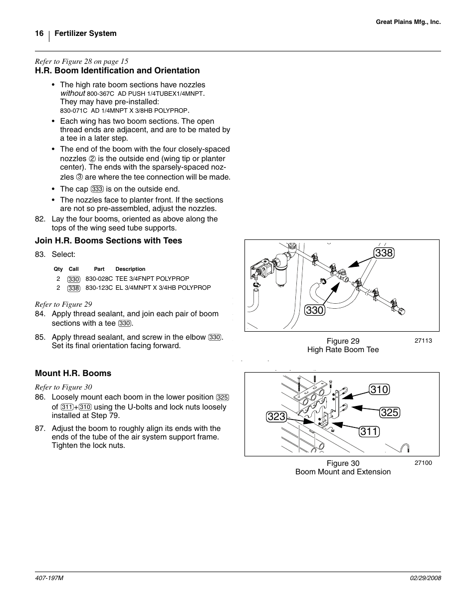 H.r. boom identification and orientation, Join h.r. booms sections with tees, Mount h.r. booms | Great Plains YP Fertilizer System User Manual | Page 16 / 38