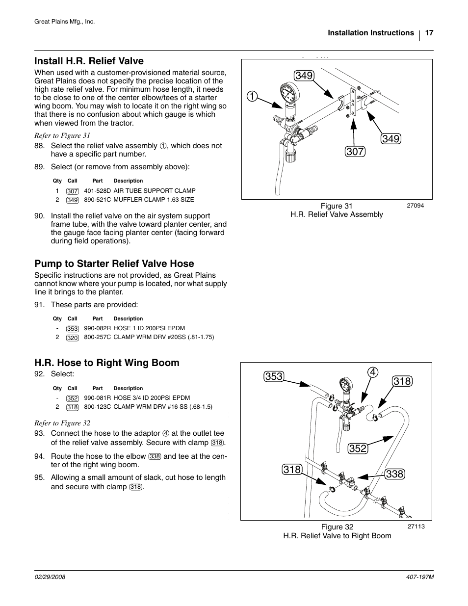 Install h.r. relief valve, Pump to starter relief valve hose, H.r. hose to right wing boom | Great Plains YP Fertilizer System User Manual | Page 17 / 38