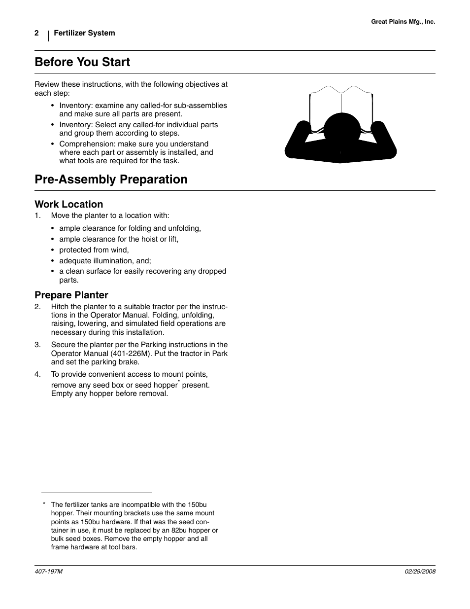 Before you start, Pre-assembly preparation, Work location | Prepare planter | Great Plains YP Fertilizer System User Manual | Page 2 / 38