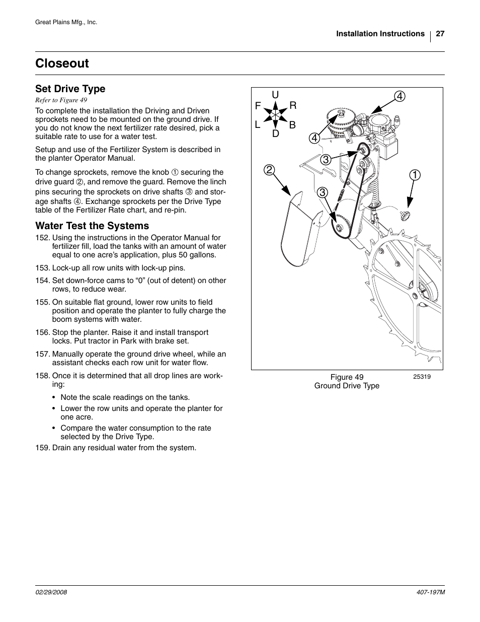 Closeout, Set drive type, Water test the systems | Great Plains YP Fertilizer System User Manual | Page 27 / 38