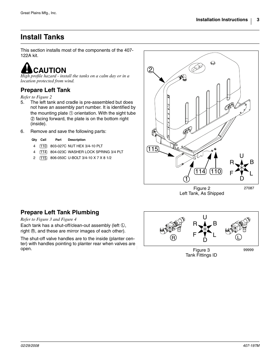 Install tanks, Prepare left tank, Prepare left tank plumbing | Caution | Great Plains YP Fertilizer System User Manual | Page 3 / 38