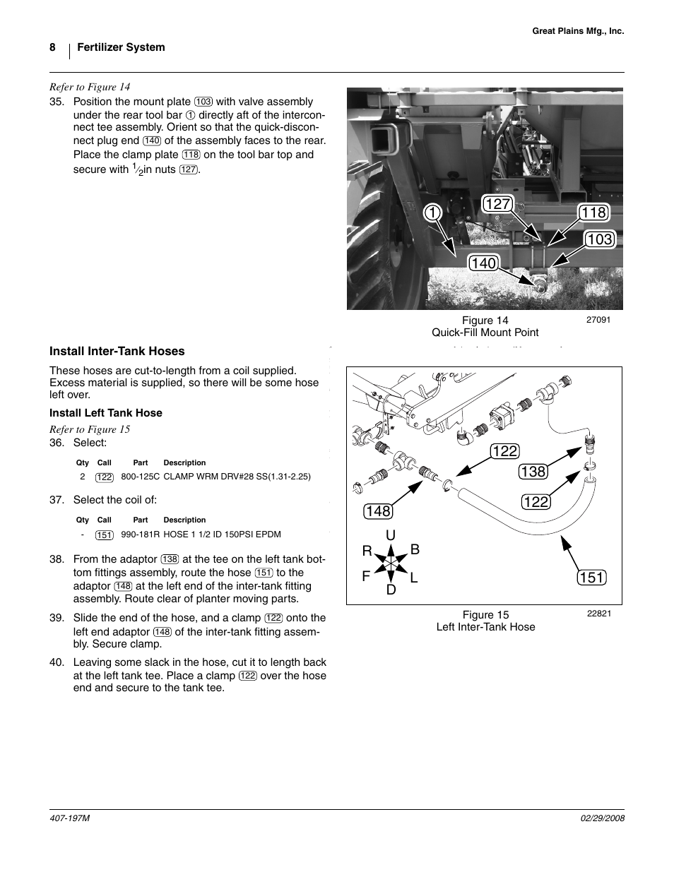 Install inter-tank hoses, Install left tank hose | Great Plains YP Fertilizer System User Manual | Page 8 / 38