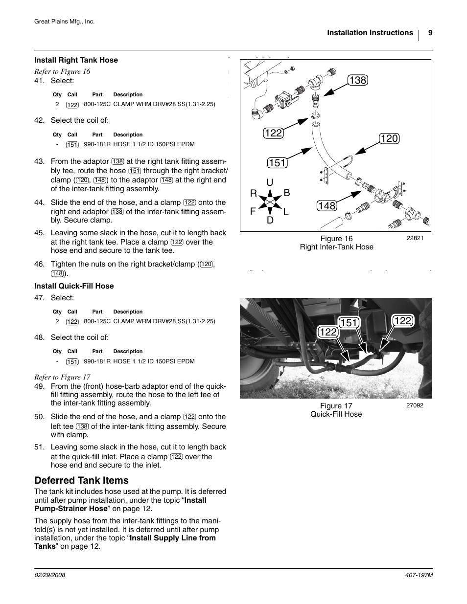 Install right tank hose, Install quick-fill hose, Deferred tank items | Great Plains YP Fertilizer System User Manual | Page 9 / 38