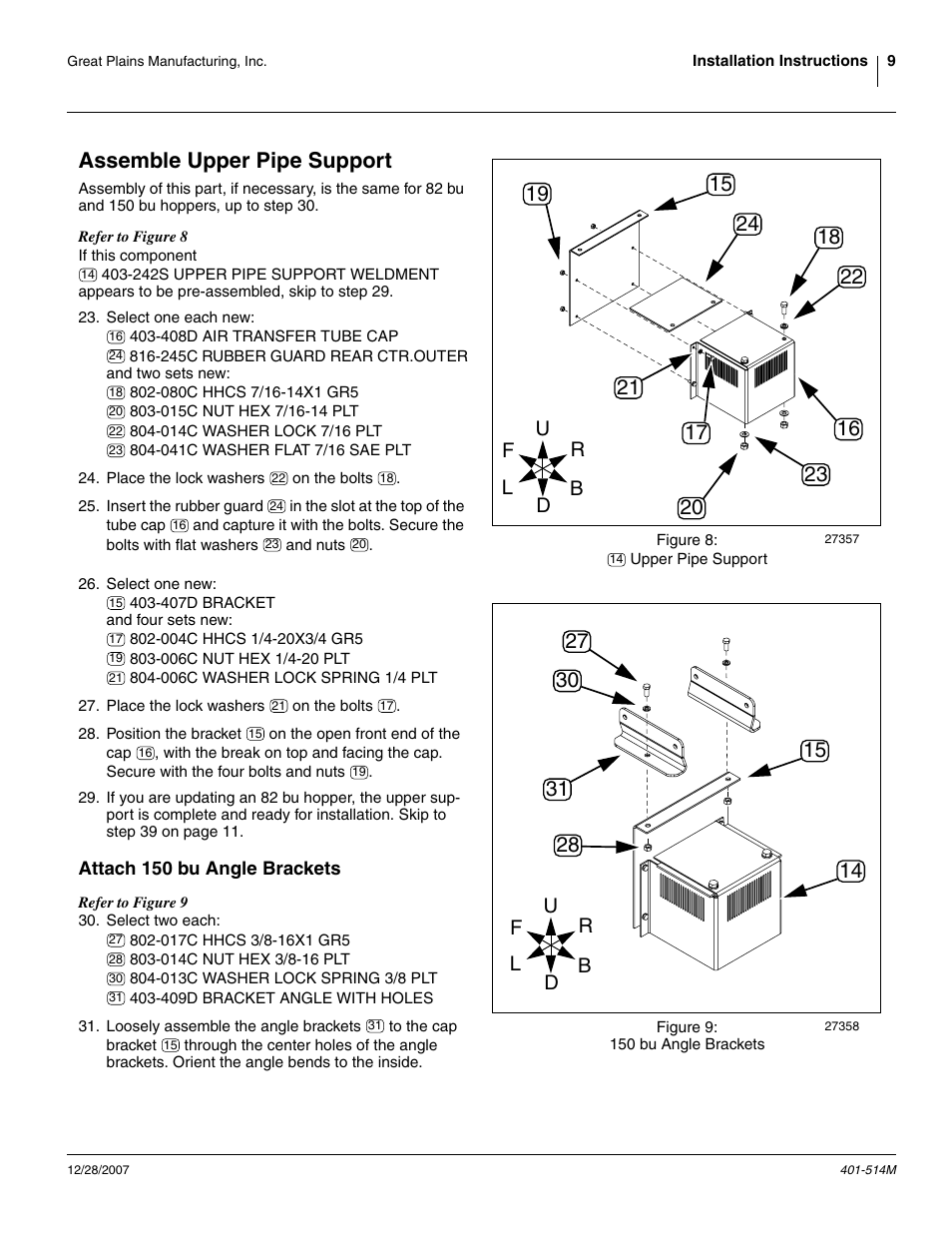 Assemble upper pipe support, Attach 150 bu angle brackets | Great Plains 401-516A Installation Instructions User Manual | Page 11 / 22