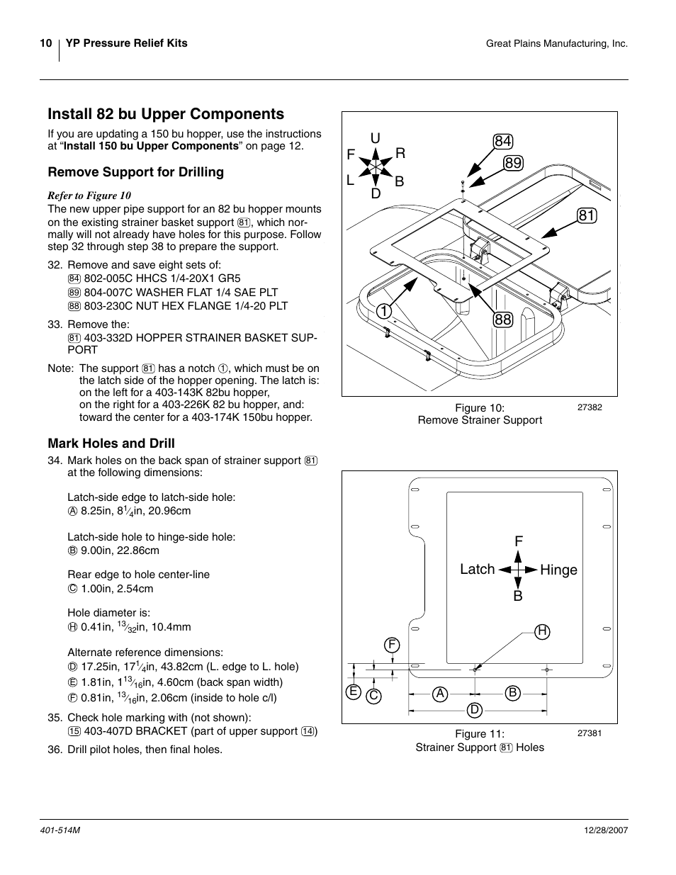 Install 82 bu upper components, Remove support for drilling, Mark holes and drill | Remove support for drilling mark holes and drill, Fb latch, Hinge | Great Plains 401-516A Installation Instructions User Manual | Page 12 / 22