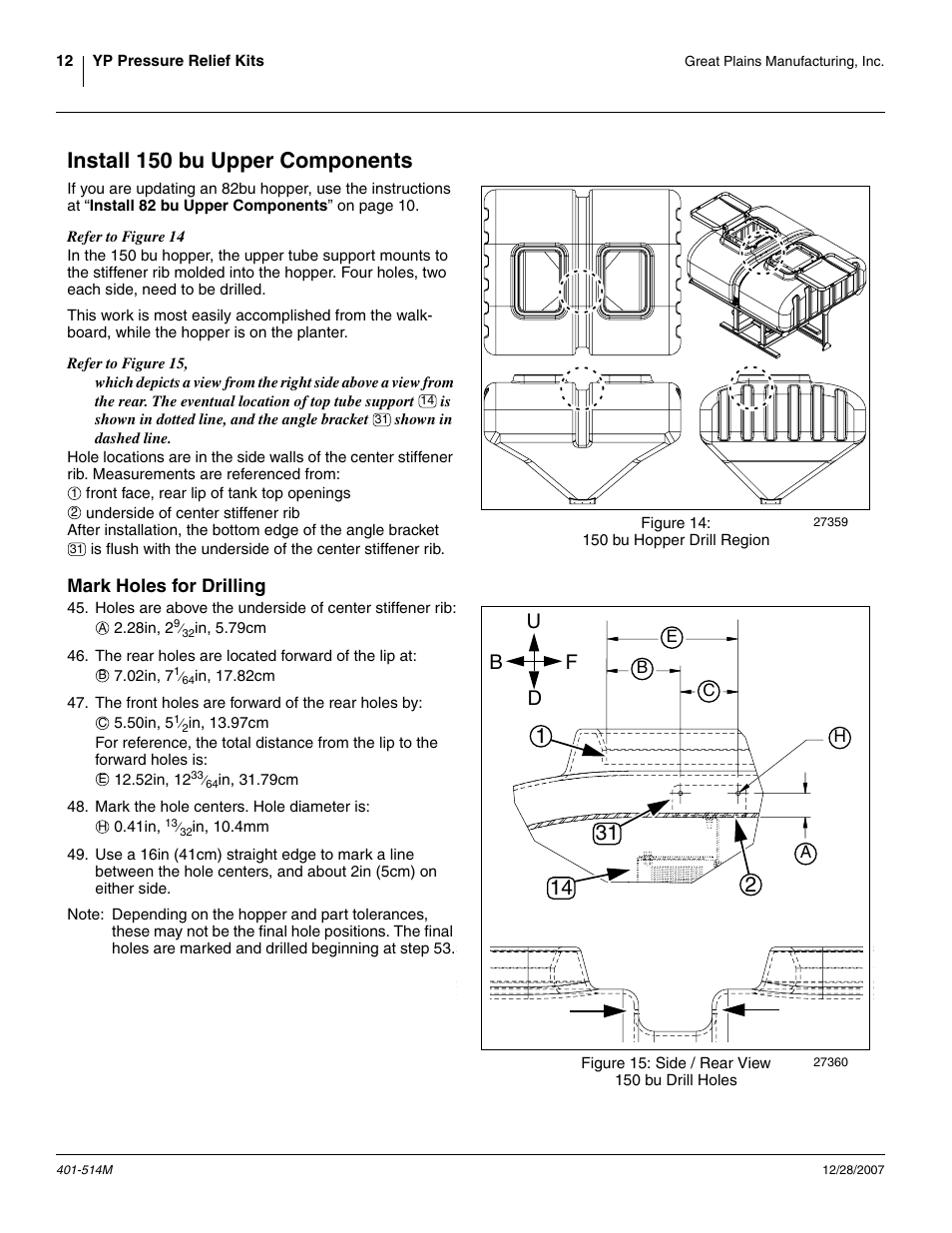 Install 150 bu upper components, Mark holes for drilling, Ud b f | Great Plains 401-516A Installation Instructions User Manual | Page 14 / 22