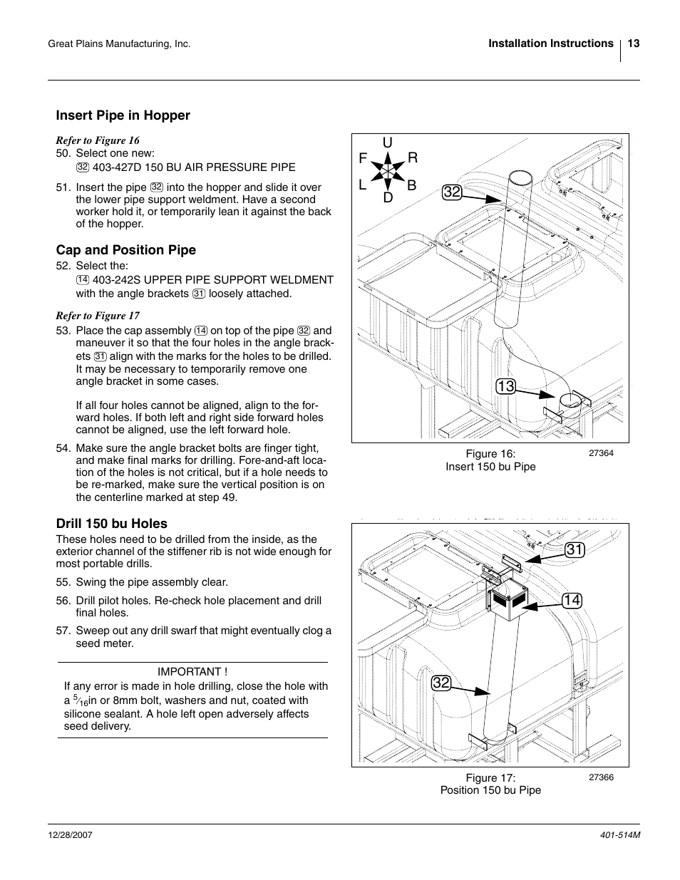 Insert pipe in hopper, Cap and position pipe, Drill 150 bu holes | Step 53 | Great Plains 401-516A Installation Instructions User Manual | Page 15 / 22