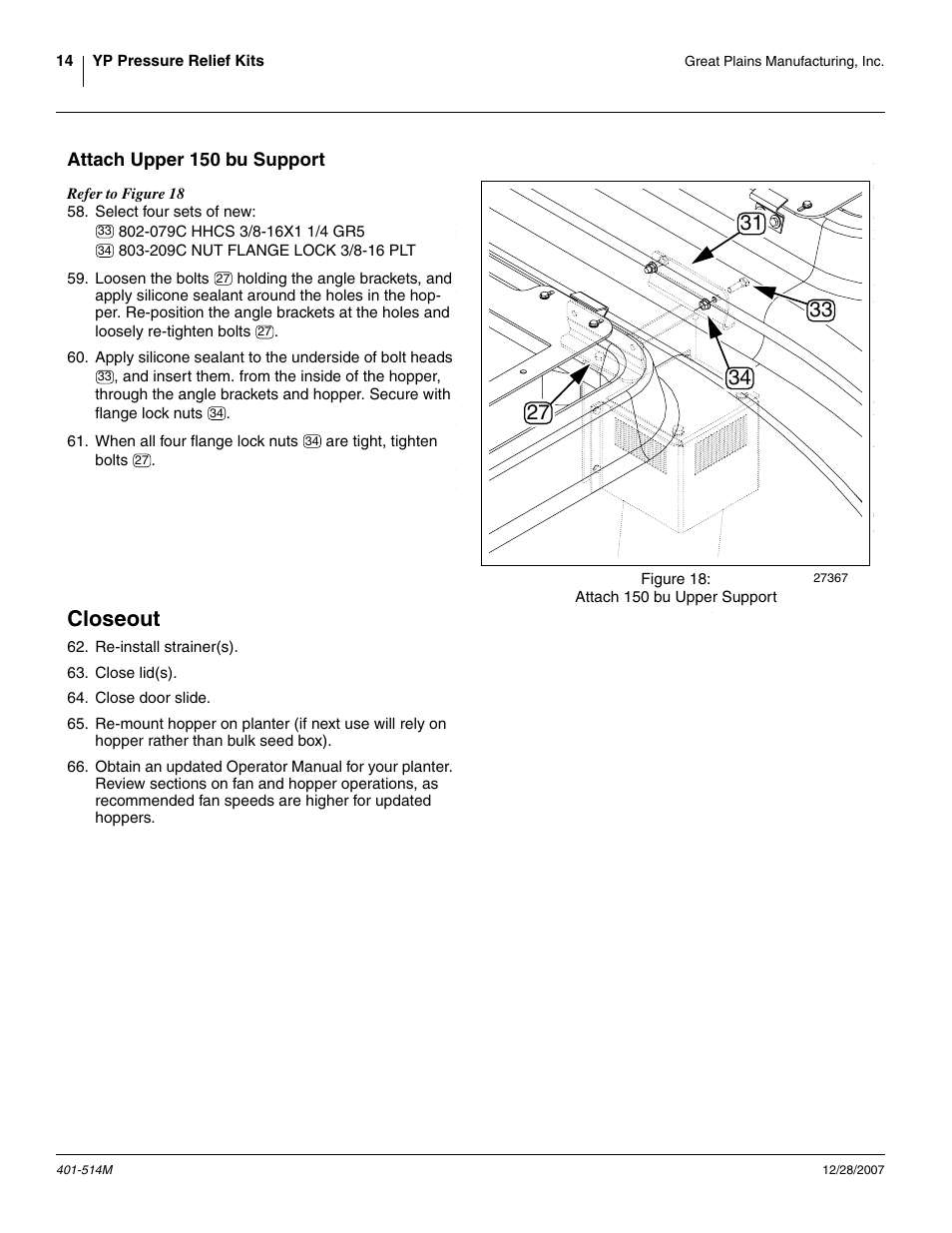 Attach upper 150 bu support, Closeout | Great Plains 401-516A Installation Instructions User Manual | Page 16 / 22