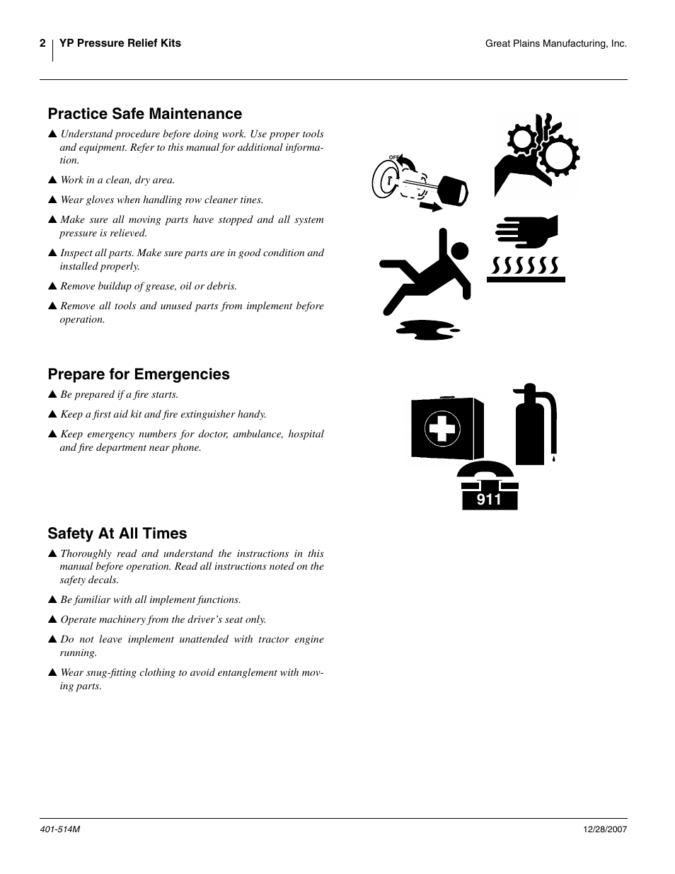 Practice safe maintenance, Prepare for emergencies, Safety at all times | Great Plains 401-516A Installation Instructions User Manual | Page 4 / 22