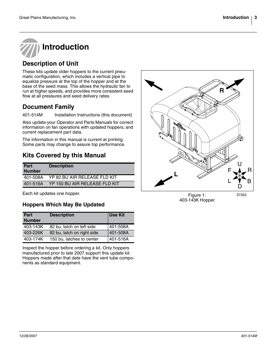 Introduction, Description of unit, Document family | Kits covered by this manual, Hoppers which may be updated | Great Plains 401-516A Installation Instructions User Manual | Page 5 / 22