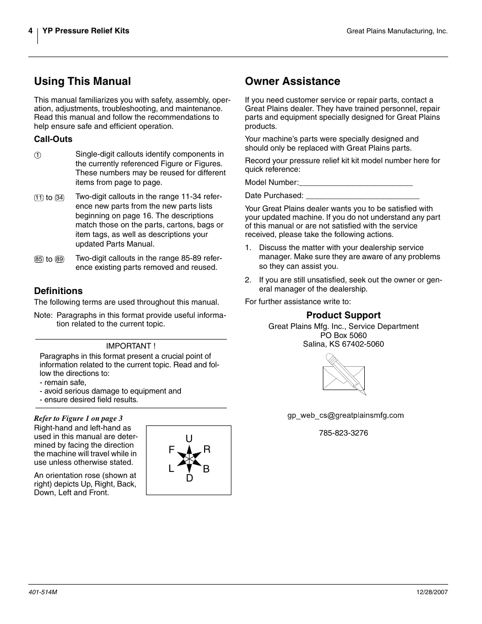 Using this manual, Call-outs, Definitions | Owner assistance, Product support, Call-outs definitions | Great Plains 401-516A Installation Instructions User Manual | Page 6 / 22