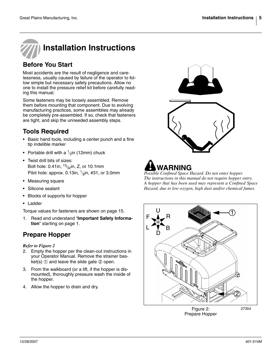 Installation instructions, Before you start, Tools required | Prepare hopper, Warning | Great Plains 401-516A Installation Instructions User Manual | Page 7 / 22