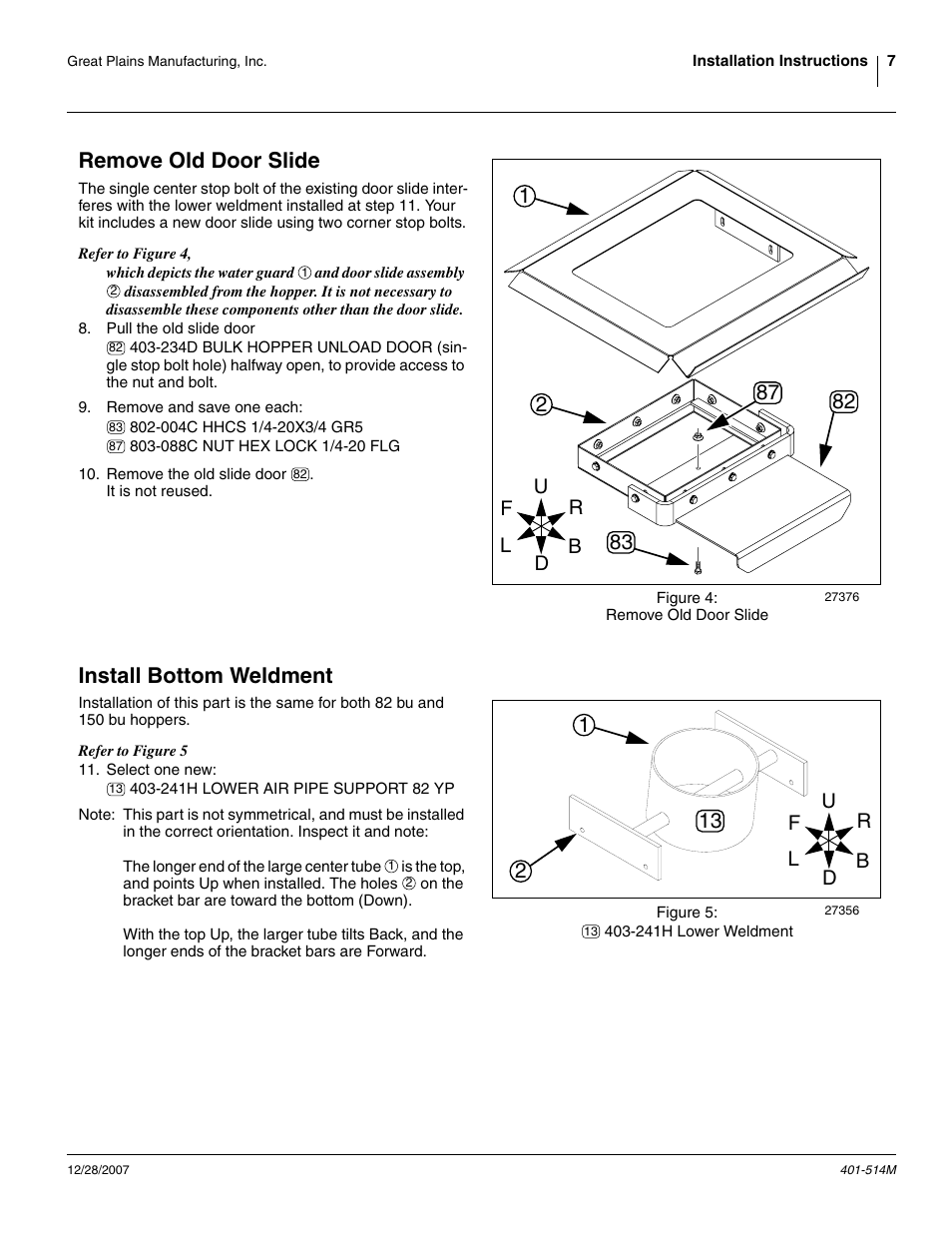 Remove old door slide, Install bottom weldment, Remove old door slide install bottom weldment | Great Plains 401-516A Installation Instructions User Manual | Page 9 / 22