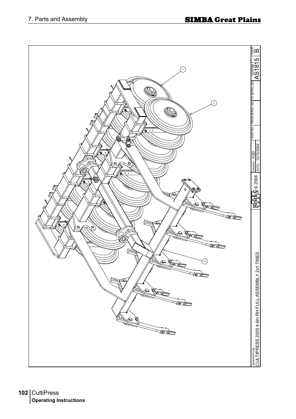 Cultipress, 102 7. parts and assembly, Bas 18 15 | Operating instructions, Sim b a | Great Plains P17961C Operator Manual User Manual | Page 102 / 232