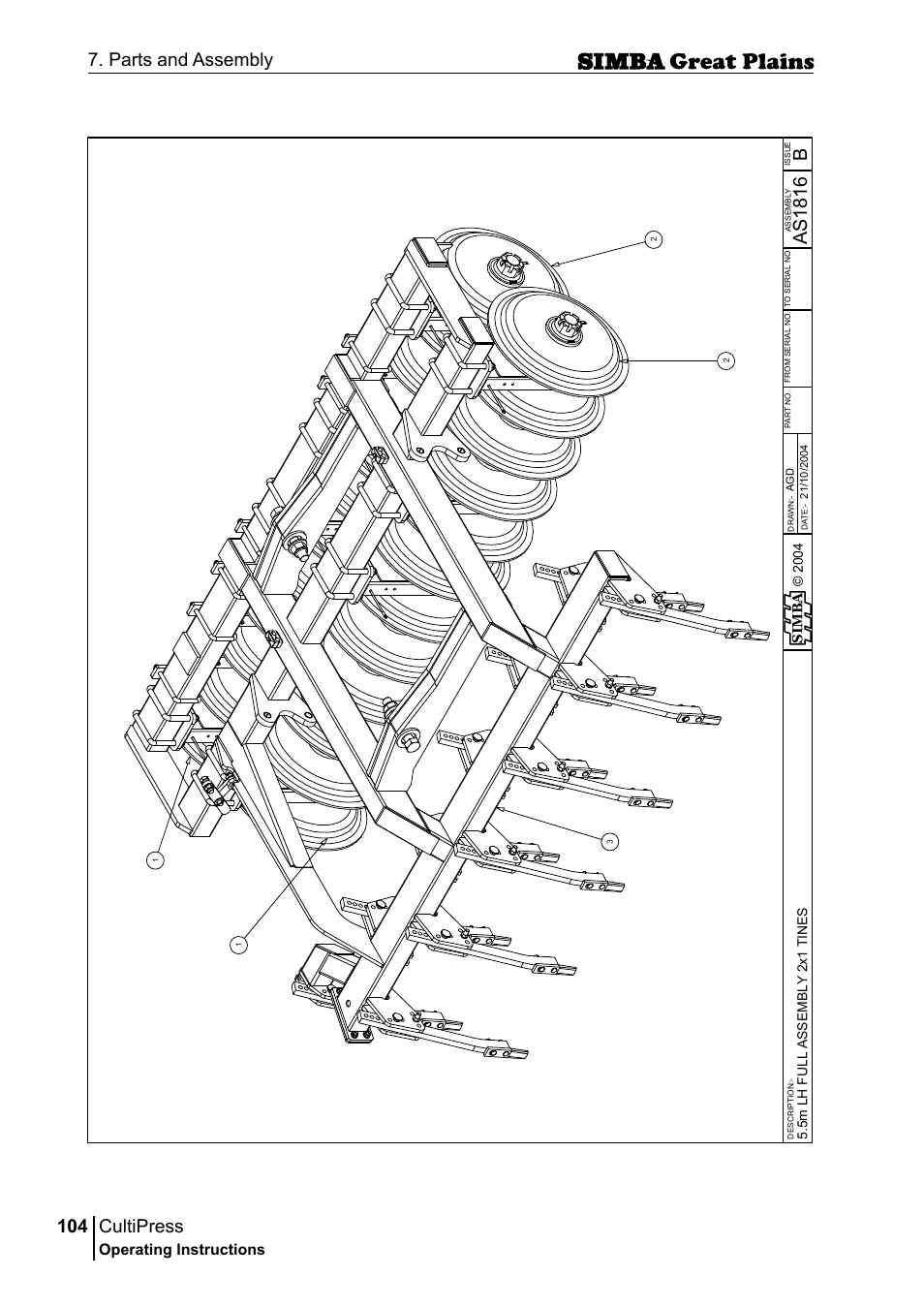 Cultipress, 104 7. parts and assembly, Bas 18 16 | Operating instructions, Sim b a | Great Plains P17961C Operator Manual User Manual | Page 104 / 232