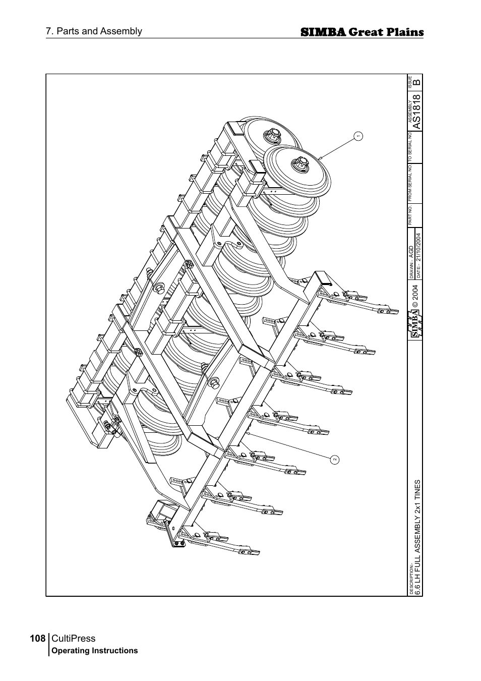 Cultipress, 108 7. parts and assembly, Bas 18 18 | Operating instructions, Sim b a, 6lh f u ll a s se m b ly 2 x1 t in es | Great Plains P17961C Operator Manual User Manual | Page 108 / 232