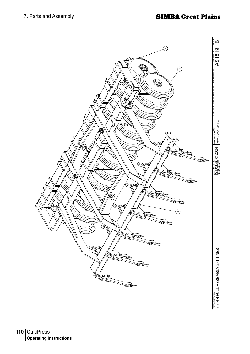 Cultipress, 110 7. parts and assembly, Bas 18 19 | Operating instructions, Sim b a | Great Plains P17961C Operator Manual User Manual | Page 110 / 232