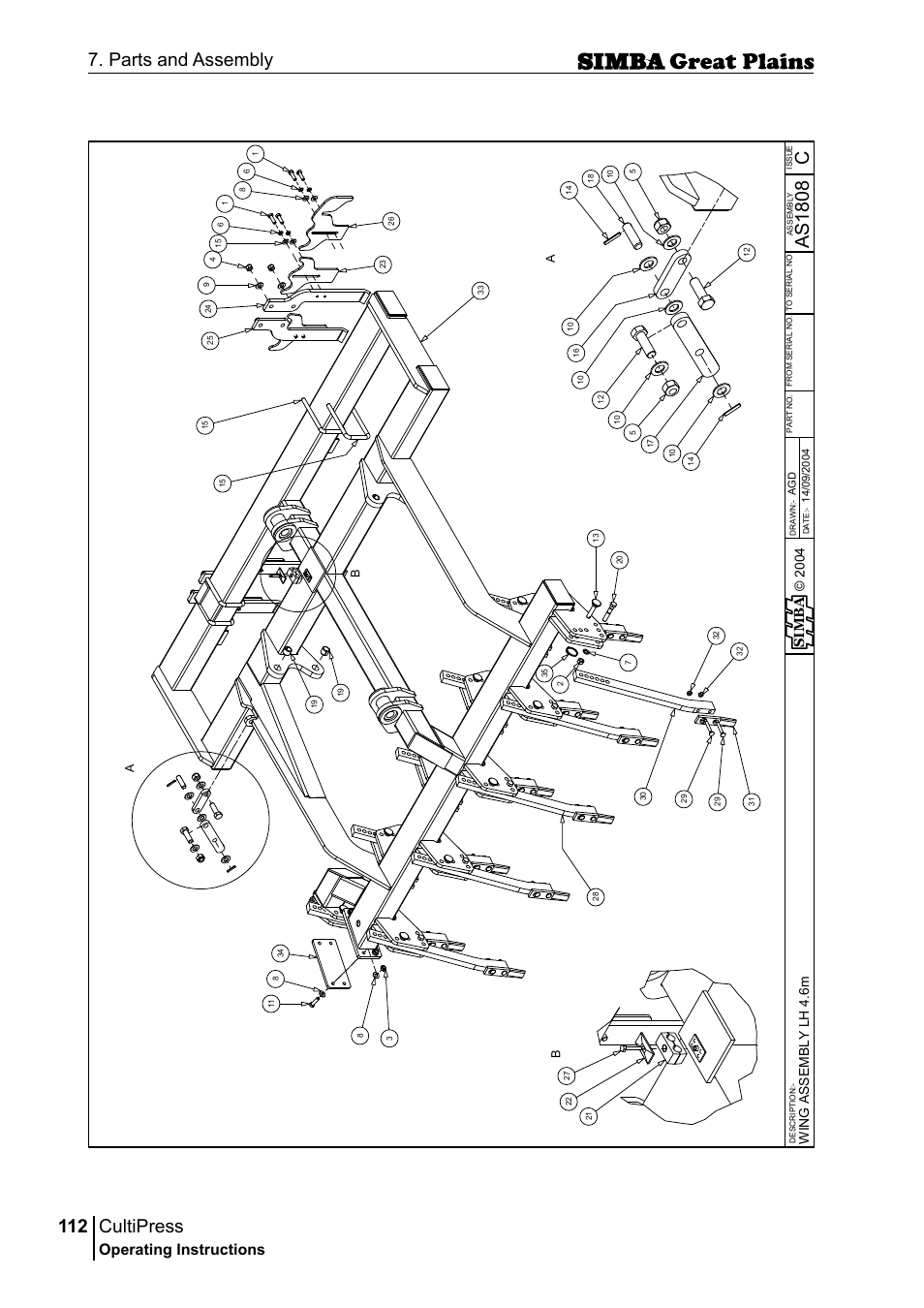 Cultipress, 112 7. parts and assembly, Cas 18 08 | Operating instructions, Si m b a, Win g a ss em b ly l h 4 .6 m | Great Plains P17961C Operator Manual User Manual | Page 112 / 232