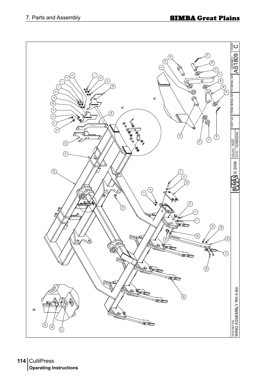 Cultipress, 114 7. parts and assembly, Cas 18 09 | Operating instructions, Si m b a, Win g a ss em b ly r h 4 .6 m | Great Plains P17961C Operator Manual User Manual | Page 114 / 232