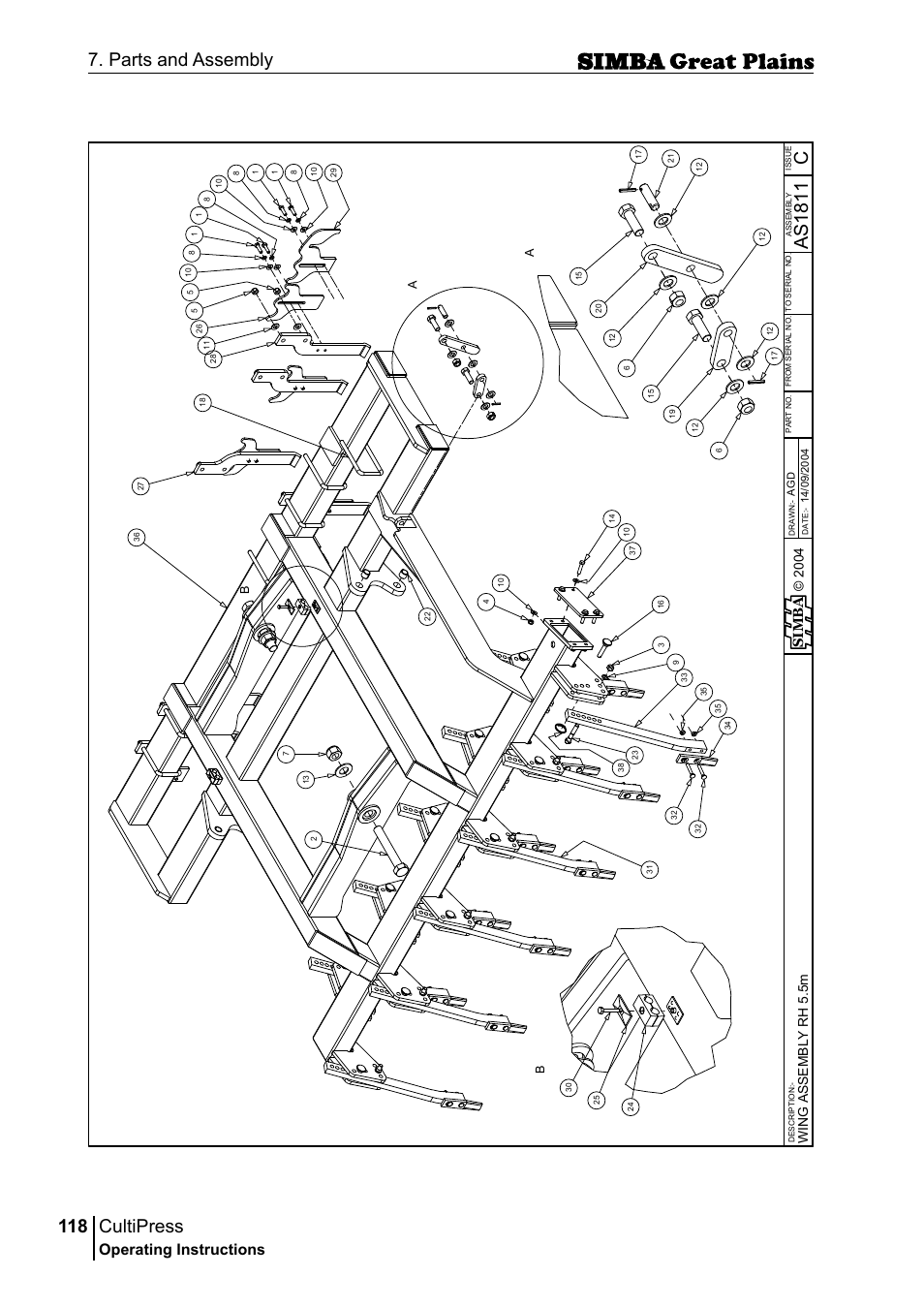 Cultipress, 118 7. parts and assembly, Cas 18 11 | Operating instructions, Si m b a, Win g a ss em b ly r h 5 .5 m | Great Plains P17961C Operator Manual User Manual | Page 118 / 232