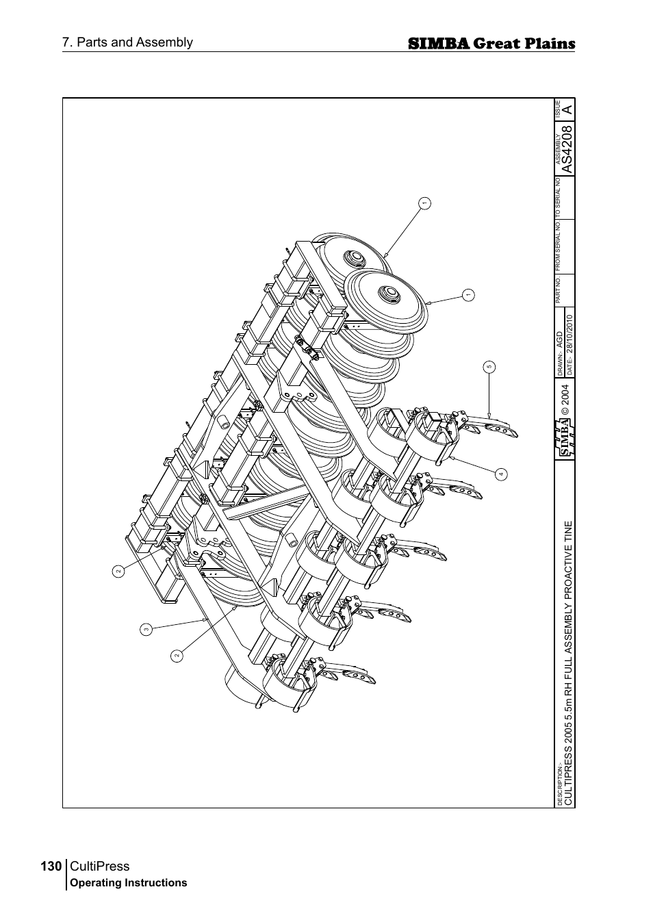 Cultipress, 130 7. parts and assembly, Aas 42 08 | Operating instructions, Si m b a | Great Plains P17961C Operator Manual User Manual | Page 130 / 232
