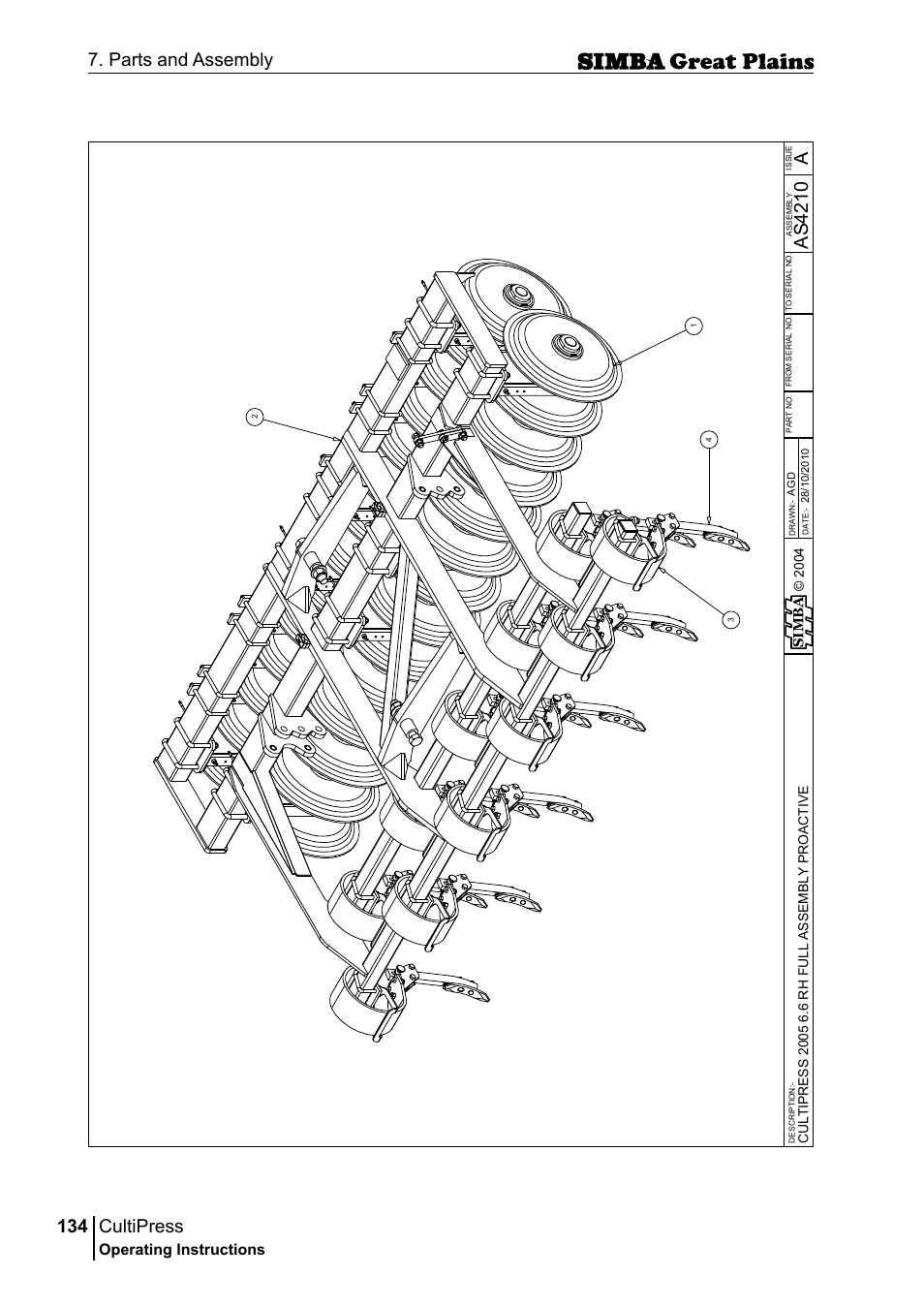 Cultipress, 134 7. parts and assembly, Aas 42 10 | Operating instructions, Si m b a | Great Plains P17961C Operator Manual User Manual | Page 134 / 232