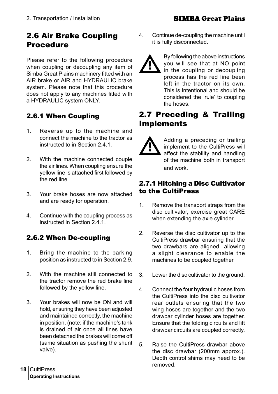 7 preceding & trailing implements, 6 air brake coupling procedure | Great Plains P17961C Operator Manual User Manual | Page 18 / 232