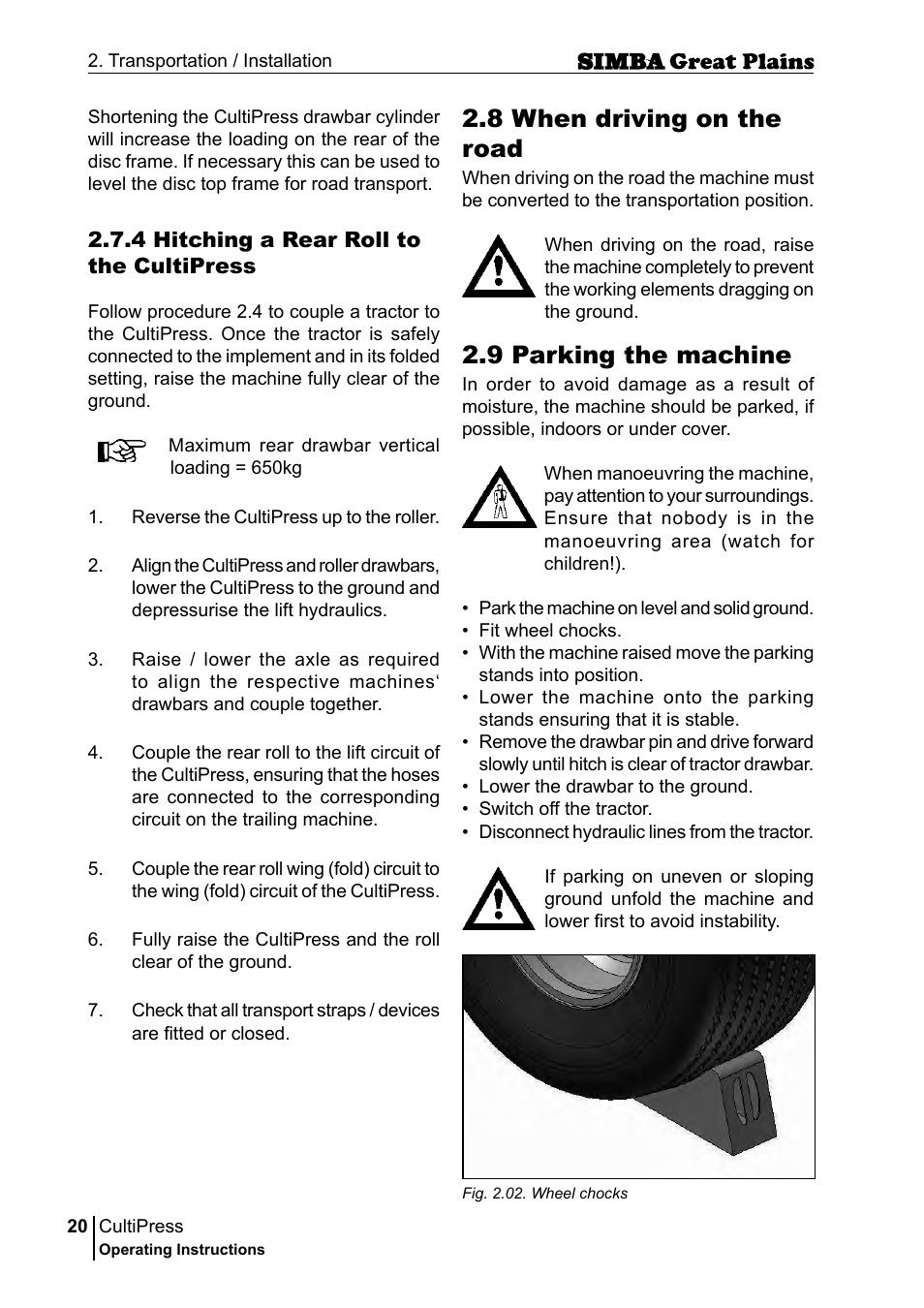 9 parking the machine, 8 when driving on the road | Great Plains P17961C Operator Manual User Manual | Page 20 / 232