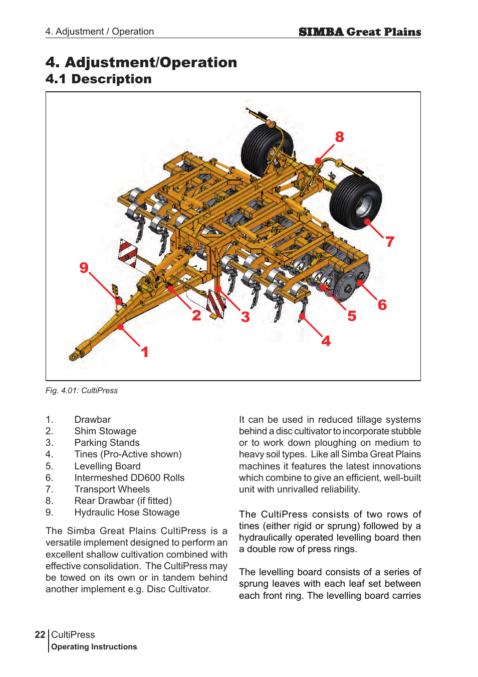Adjustment/operation, 1 description | Great Plains P17961C Operator Manual User Manual | Page 22 / 232