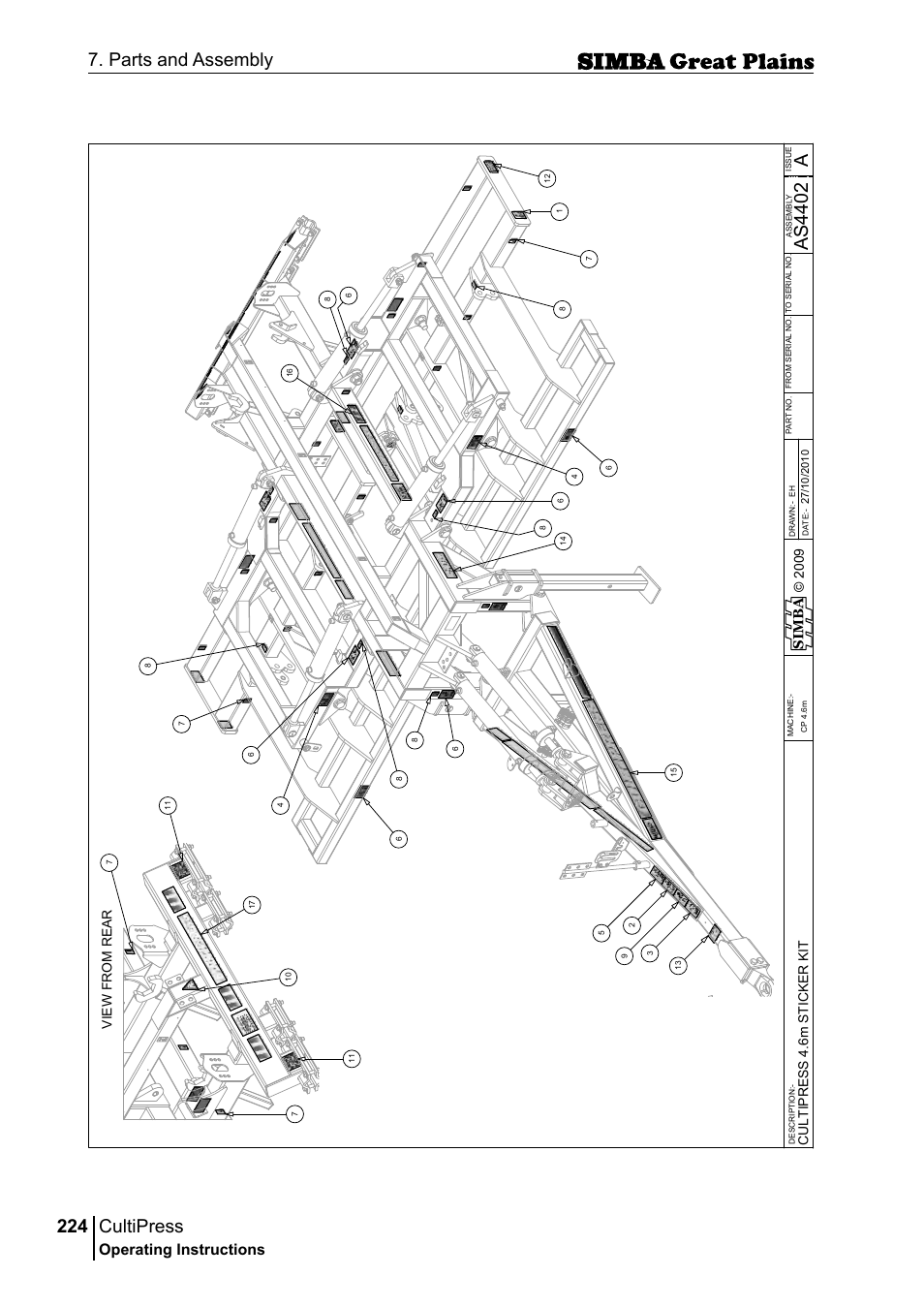 Cultipress, 224 7. parts and assembly, Aas 44 02 | Operating instructions, Si m b a, Cu lt ip r e ss 4 .6 m s ti c ke r k it | Great Plains P17961C Operator Manual User Manual | Page 224 / 232