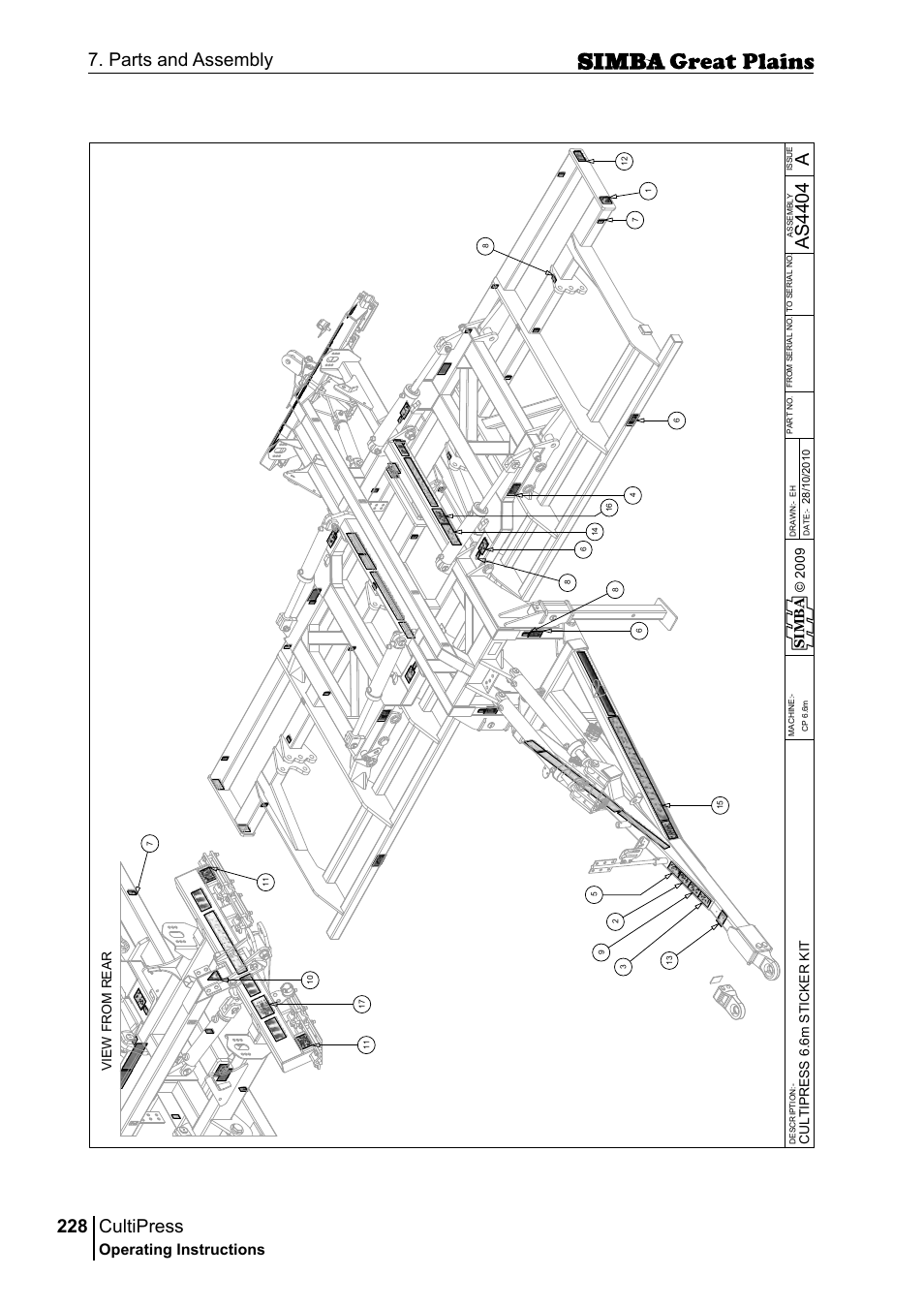 Cultipress, 228 7. parts and assembly, Aas 44 04 | Operating instructions, Si m b a, Cu lt ip r e ss 6 .6 m s ti c ke r k it | Great Plains P17961C Operator Manual User Manual | Page 228 / 232