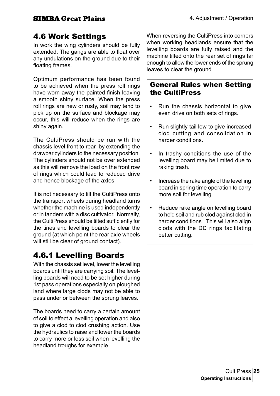 6 work settings, 1 levelling boards | Great Plains P17961C Operator Manual User Manual | Page 25 / 232