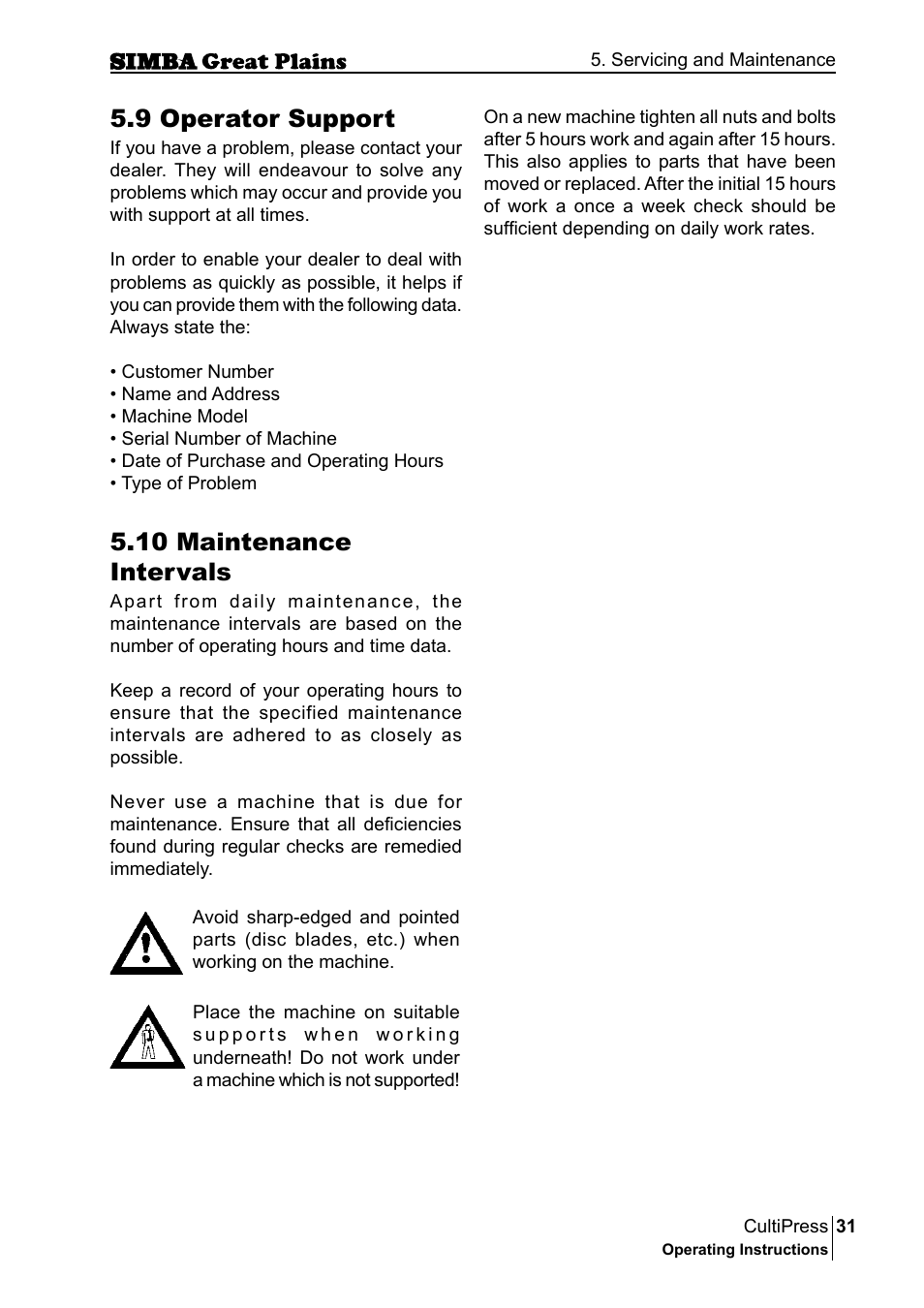 9 operator support, 10 maintenance intervals | Great Plains P17961C Operator Manual User Manual | Page 31 / 232