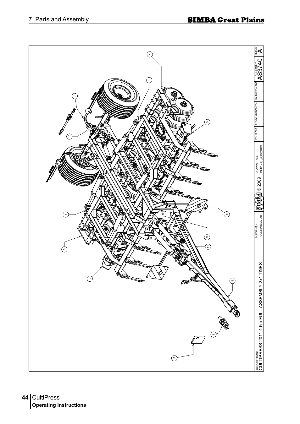 Cultipress, 44 7. parts and assembly, Aas 37 40 | Operating instructions, Sim b a | Great Plains P17961C Operator Manual User Manual | Page 44 / 232