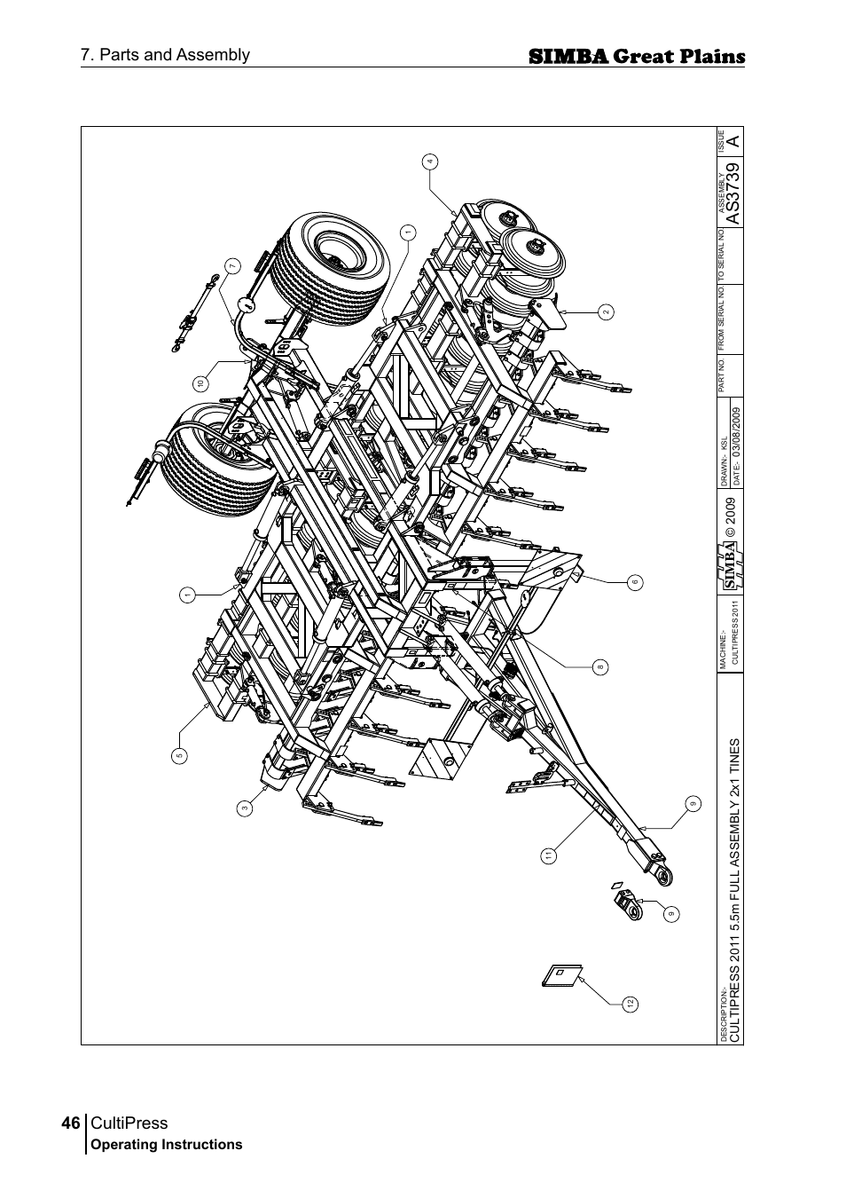 Cultipress, 46 7. parts and assembly, Aas 37 39 | Operating instructions, Sim b a | Great Plains P17961C Operator Manual User Manual | Page 46 / 232